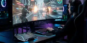Futuristic gaming setup with Wi-Fi 7 router optimizing network performance for low ping.
