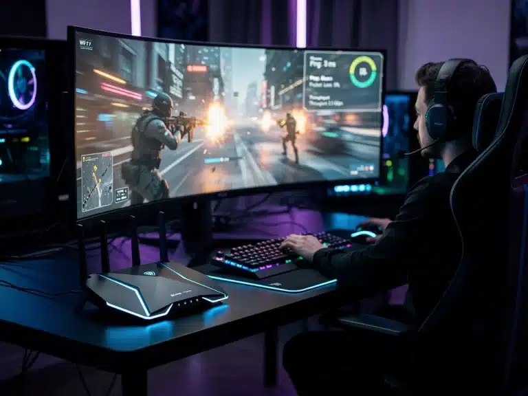 Futuristic gaming setup with Wi-Fi 7 router optimizing network performance for low ping.