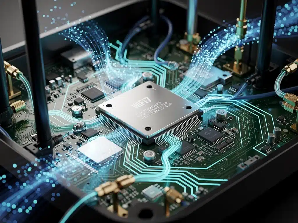 Internal components of a Wi-Fi 7 router, showcasing advanced technology for network optimization.