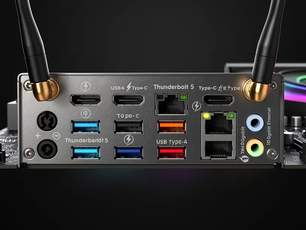 Advanced rear I/O panel of a 2026 motherboard with USB4 and Wi-Fi 7.