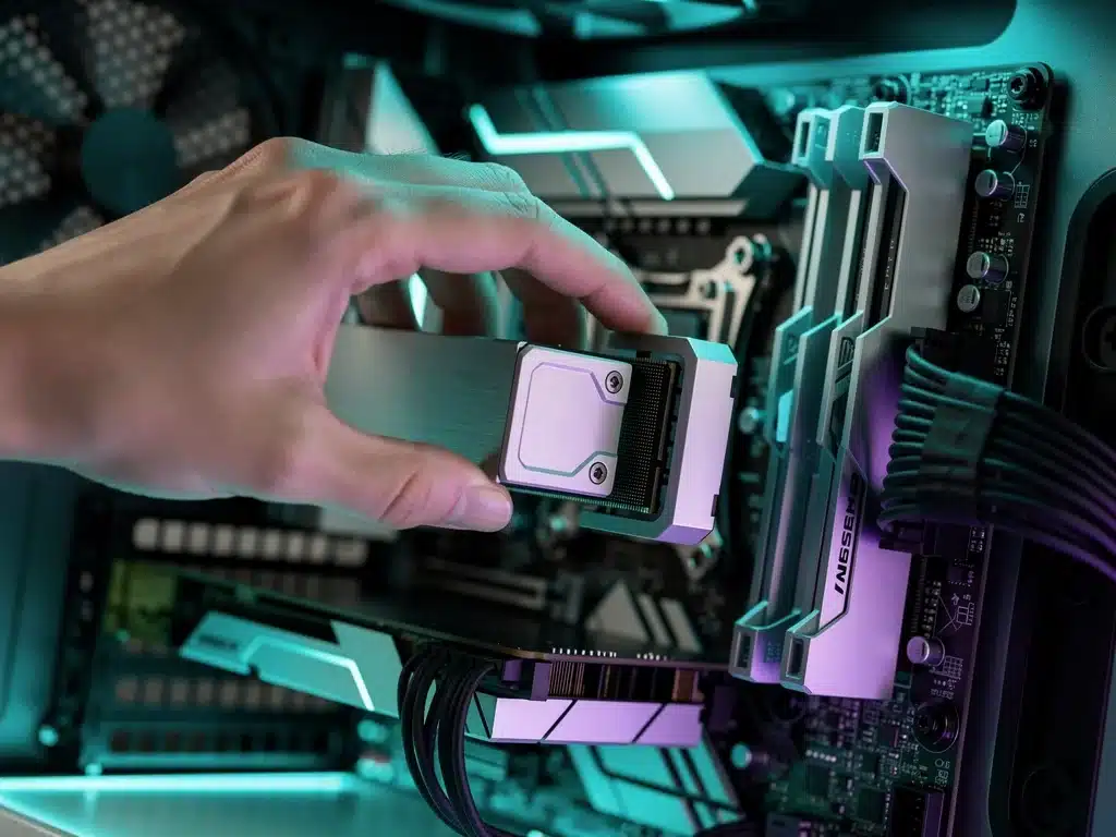 Hand detaching a modular CPU from a motherboard in a gaming PC
