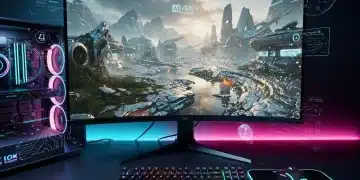 Futuristic gaming setup showcasing the power of AI upscaling technologies like DLSS 4.0 and FSR 3.0.