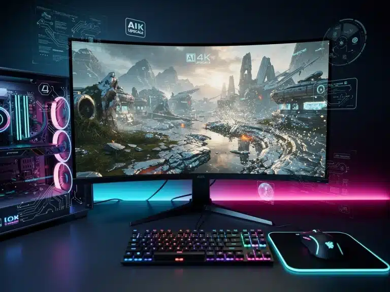 Futuristic gaming setup showcasing the power of AI upscaling technologies like DLSS 4.0 and FSR 3.0.