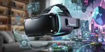 Futuristic VR headset with digital interface, representing advanced virtual reality technology for 2026.