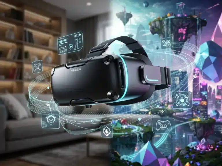 Futuristic VR headset with digital interface, representing advanced virtual reality technology for 2026.