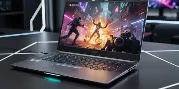 Modern gaming laptop unplugged, displaying vibrant game, emphasizing battery life