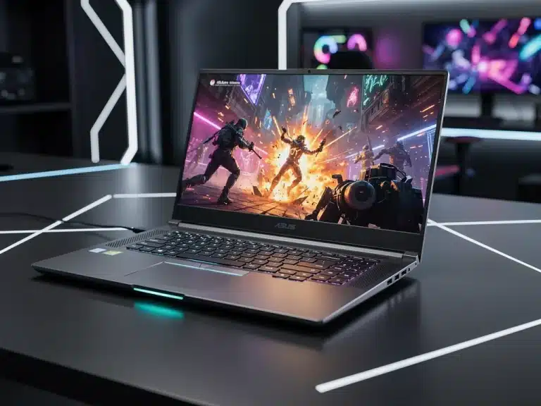 Modern gaming laptop unplugged, displaying vibrant game, emphasizing battery life