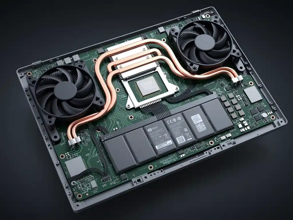 Internal view of gaming laptop cooling system and battery pack