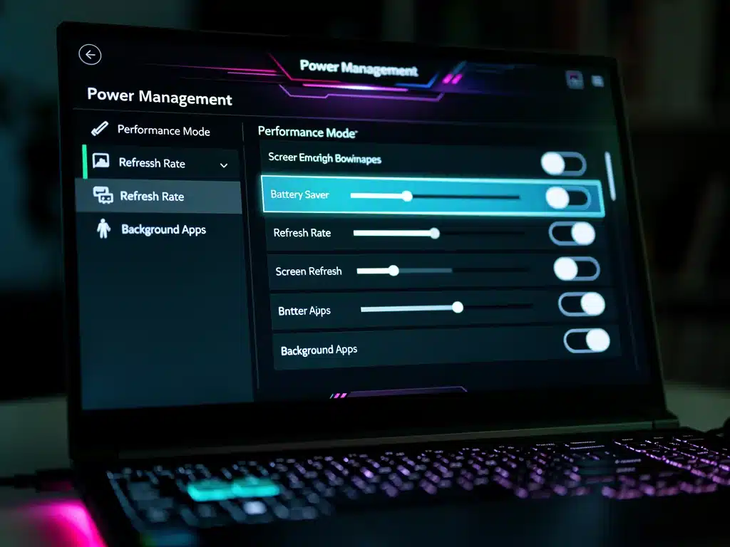 Gaming laptop power settings menu with battery optimization options visible