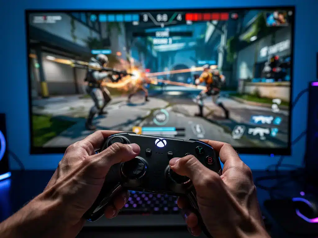 Gamer playing competitive esports on a high-refresh-rate Quantum Dot OLED display.