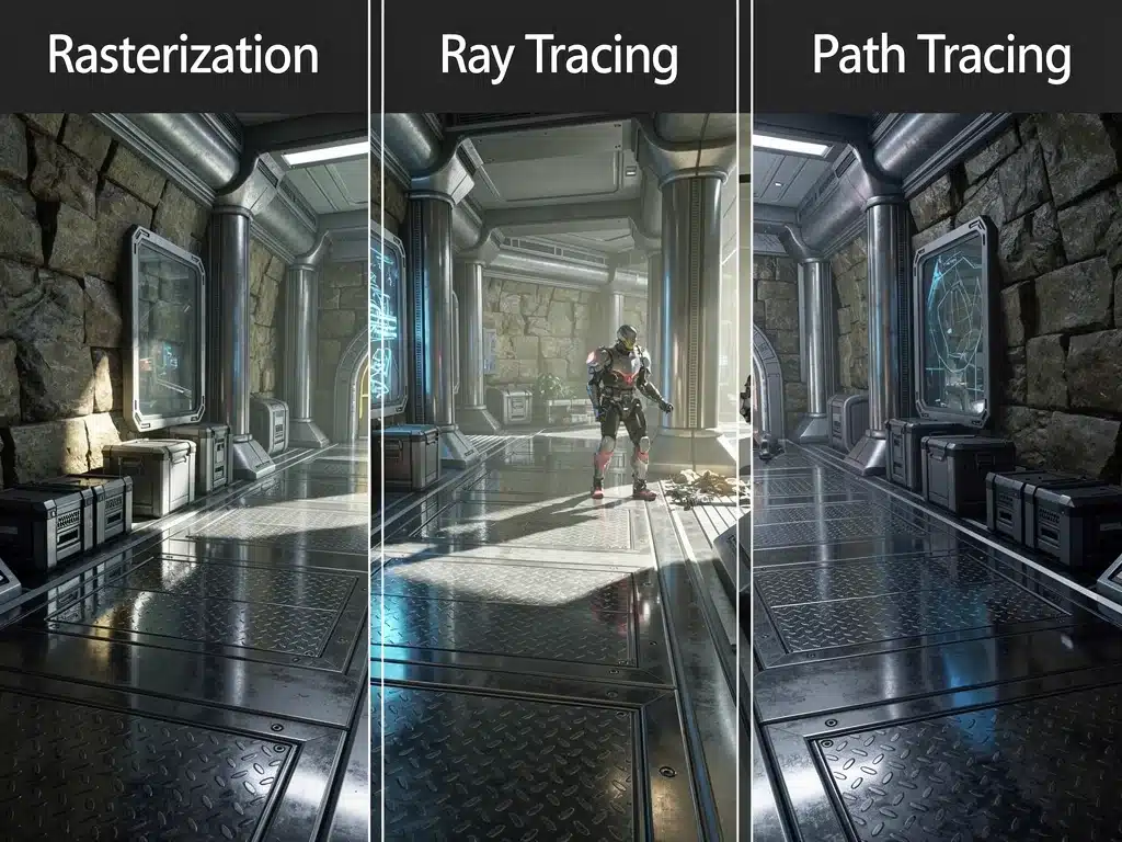 Comparison of rasterization, ray tracing, and path tracing visuals