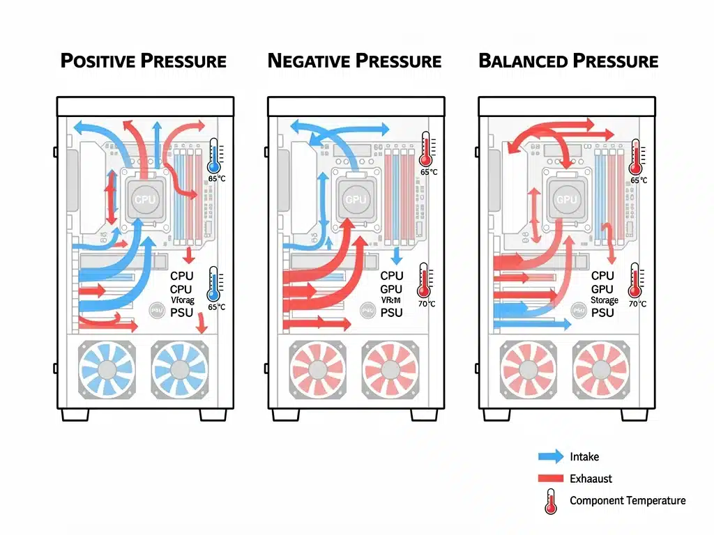 Diagram showing various PC case airflow pressure configurations