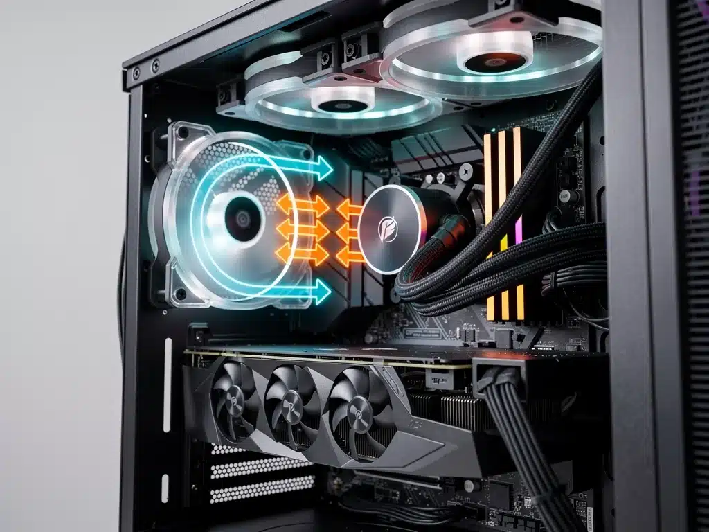 Detailed internal view of a PC case showing push-pull fan configuration