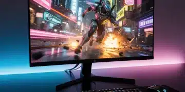 Futuristic gaming setup with Quantum Dot OLED monitor showcasing vibrant colors and fast action.