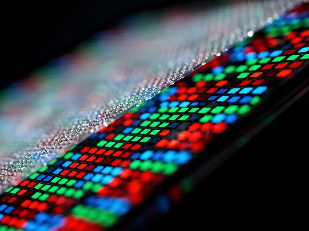 Close-up of Quantum Dot OLED pixels displaying deep blacks and vivid, accurate colors.