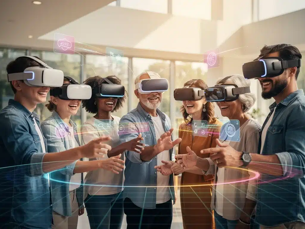 People of diverse ages using VR headsets, interacting socially in a virtual environment.