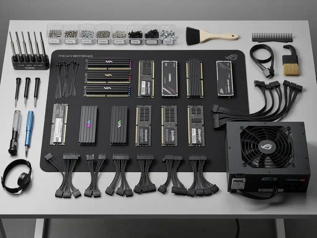 Workbench with various modular gaming PC components for easy assembly