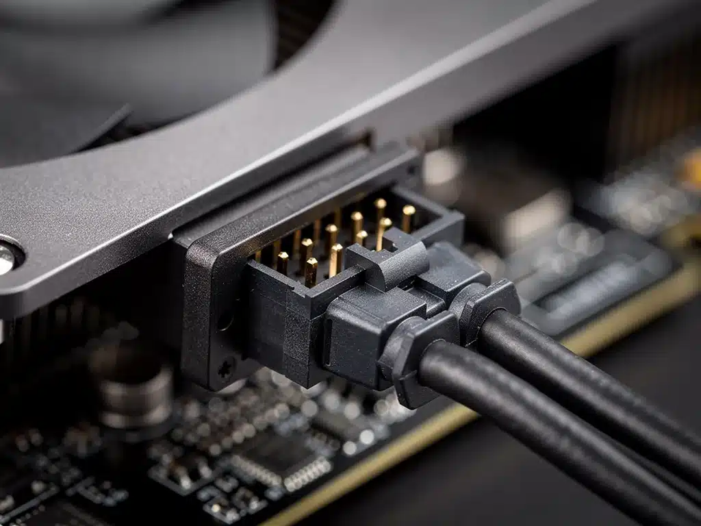 Detailed view of 12VHPWR connector securely attached to a graphics card
