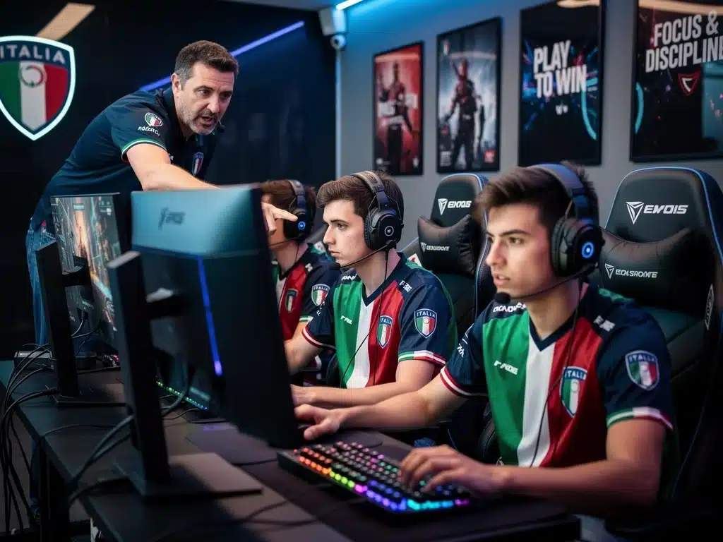 Squadra di eSports italiana in allenamento sotto la guida attenta del coach, affinando le tattiche di gioco.