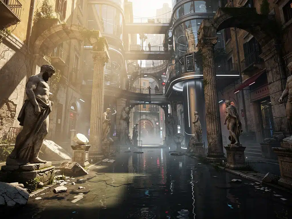Ambiente di gioco intricato, come rovine romane o città futuristica italiana, con illuminazione dinamica e riflessi realistici, dimostrando rendering avanzato.