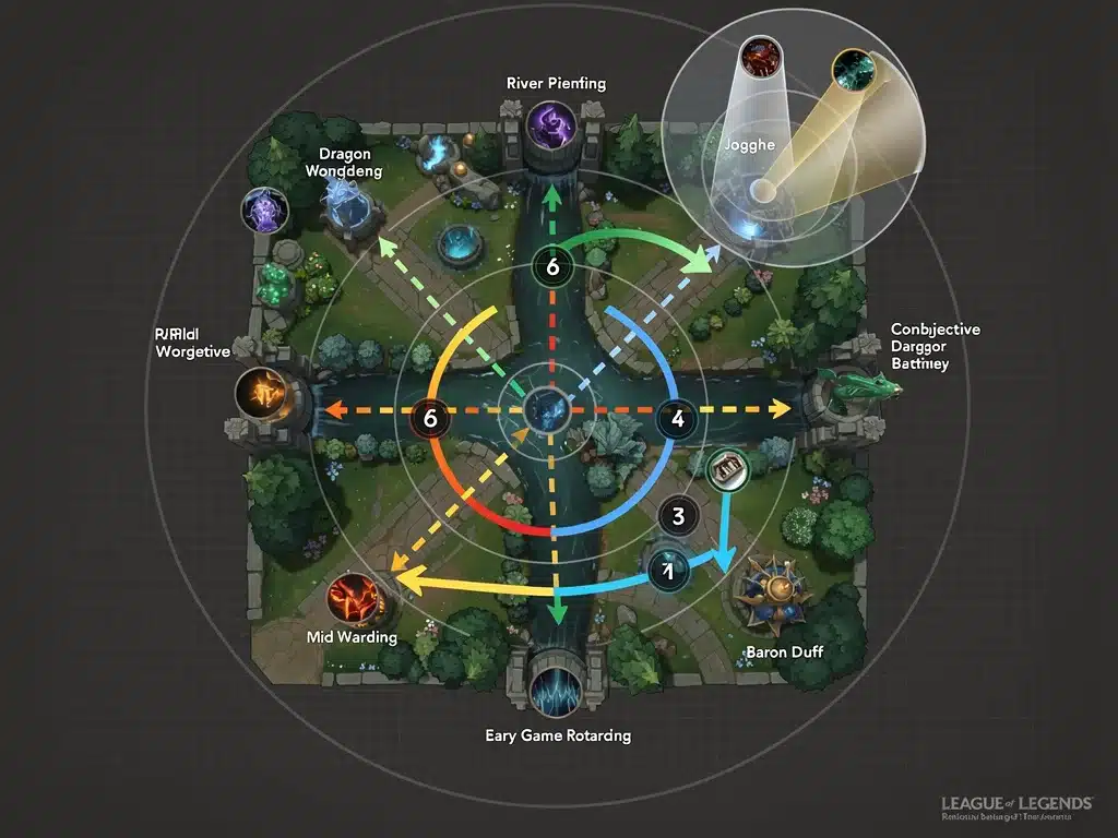 Analisi strategica della mappa di League of Legends con percorsi della giungla e posizioni di visione.