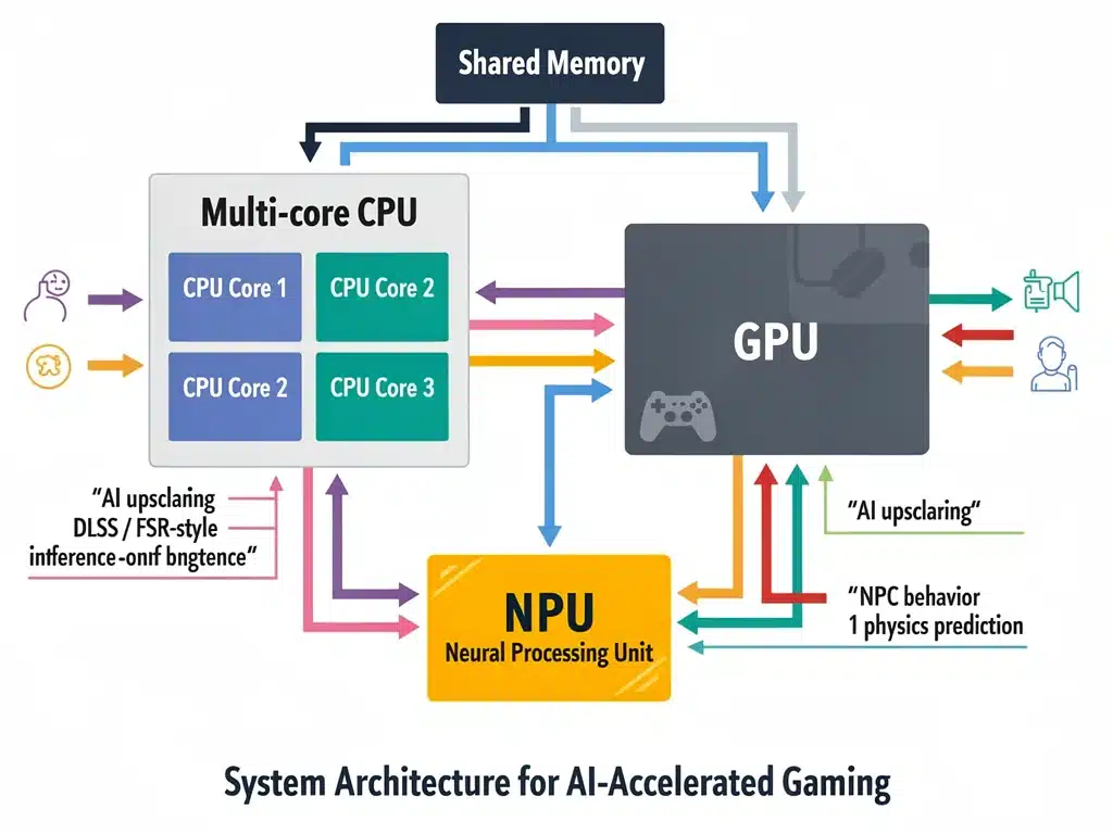 Diagramma architetturale di una CPU con NPU dedicata, che illustra il flusso di dati e l'interazione per l'accelerazione AI nel gaming.