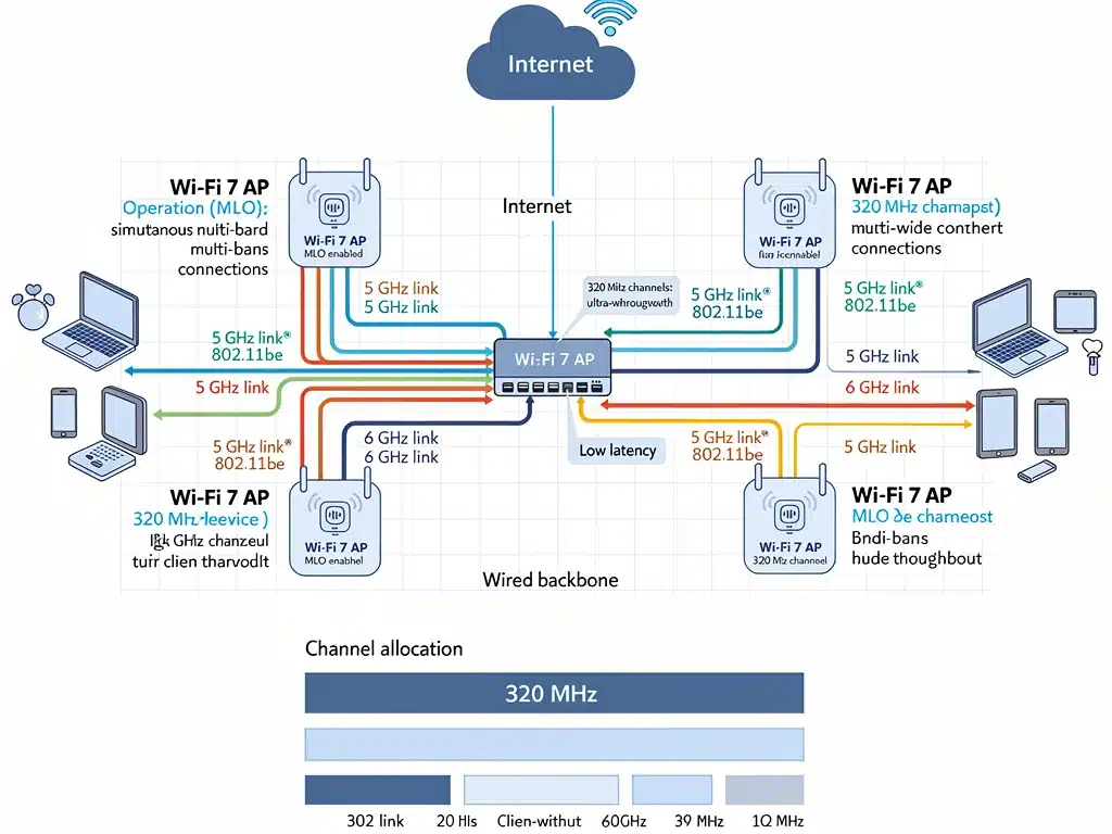 Diagramma architettura rete Wi-Fi 7 con MLO e canali 320 MHz