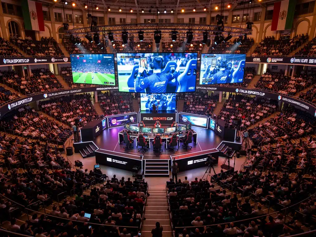 Arena esports italiana gremita di spettatori durante un torneo di FIFA, con il palco illuminato e numerosi banner sponsor.