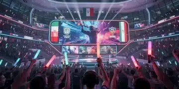 Arena eSports futuristica in Italia con team in competizione e pubblico entusiasta