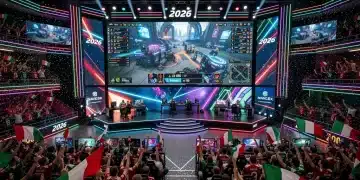 Arena eSports italiana con pubblico entusiasta e il logo '2026', simbolo delle nuove regolamentazioni.