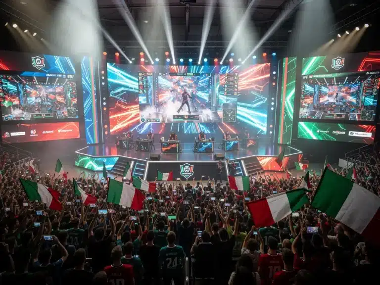 Arena esports italiana con giocatori professionisti e pubblico entusiasta