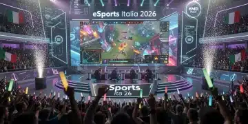 Arena eSports futuristica in Italia, con giocatori in competizione e pubblico entusiasta, simboleggiando le tendenze emergenti nei tornei.