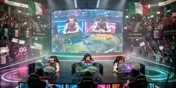 Arena eSports italiana con team professionisti in gara, schermi giganti e pubblico entusiasta, illuminata da luci dinamiche.