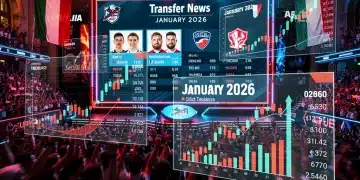 Arena eSports italiana con schermo che mostra profili giocatori e notizie di mercato, simboleggiando il Mercato Trasferimenti eSports Italia nel gennaio 2026.
