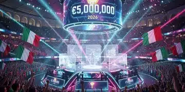 Arena esports futuristica con ologramma di 5 milioni di euro, simbolo del Montepremi Esports Italiani 2026.