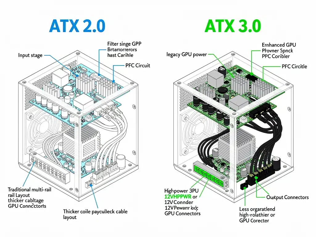 Comparative diagram illustrating ATX 2.0 versus ATX 3.0 power supply unit architecture