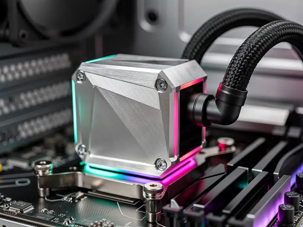 Dettaglio del blocco CPU di un sistema di raffreddamento a liquido AIO, con tubi intrecciati e illuminazione RGB, simbolo di ingegneria di precisione.