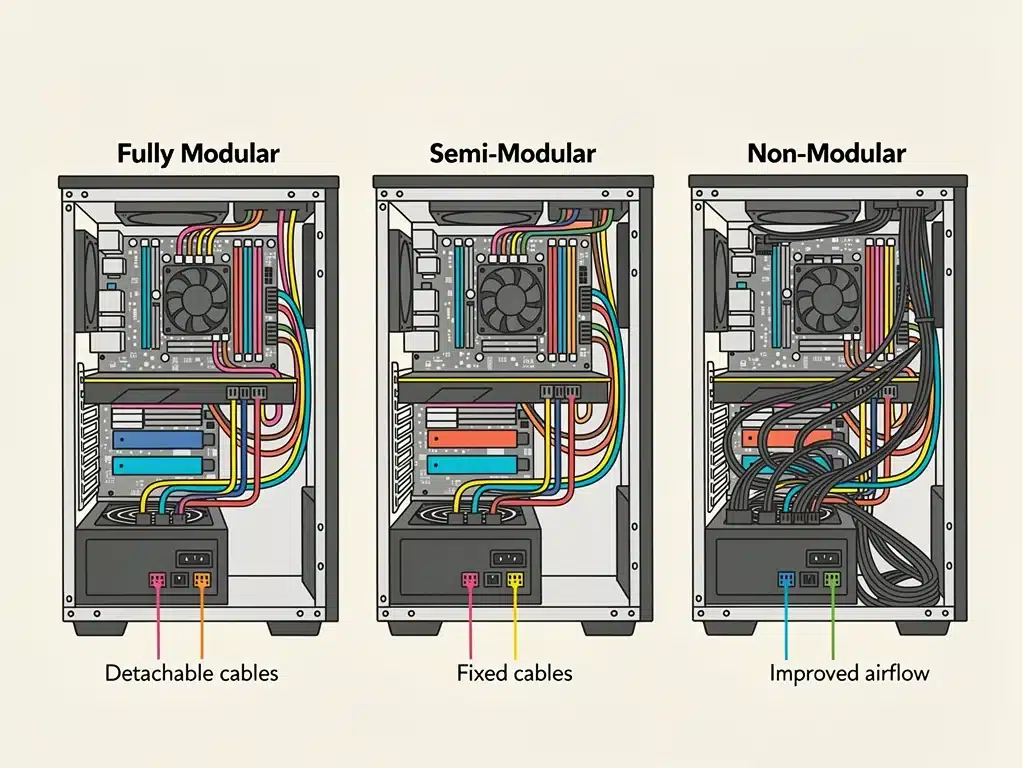 Diagramma esplicativo dei cavi modulari di un alimentatore, mostrando la flessibilità e l'ordine nel montaggio del PC.
