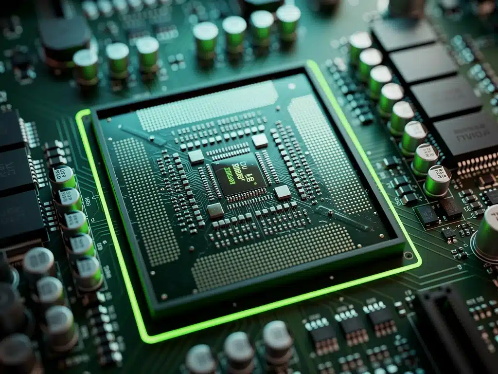 Primo piano dettagliato di un chip GPU NVIDIA, che illustra l'architettura complessa alla base del DLSS 4.0.