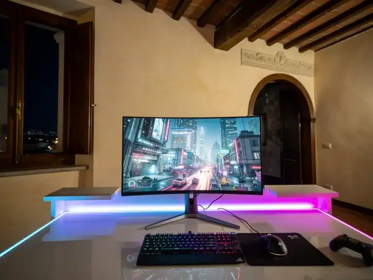 Configurazione di gioco futuristica con monitor PC e gioco in cloud, luci al neon in una stanza italiana.