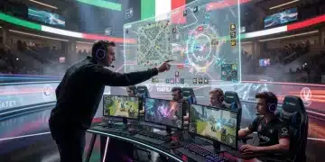 Coach di eSports italiano in una sessione di strategia intensiva con la sua squadra, in preparazione per i tornei del 2026.