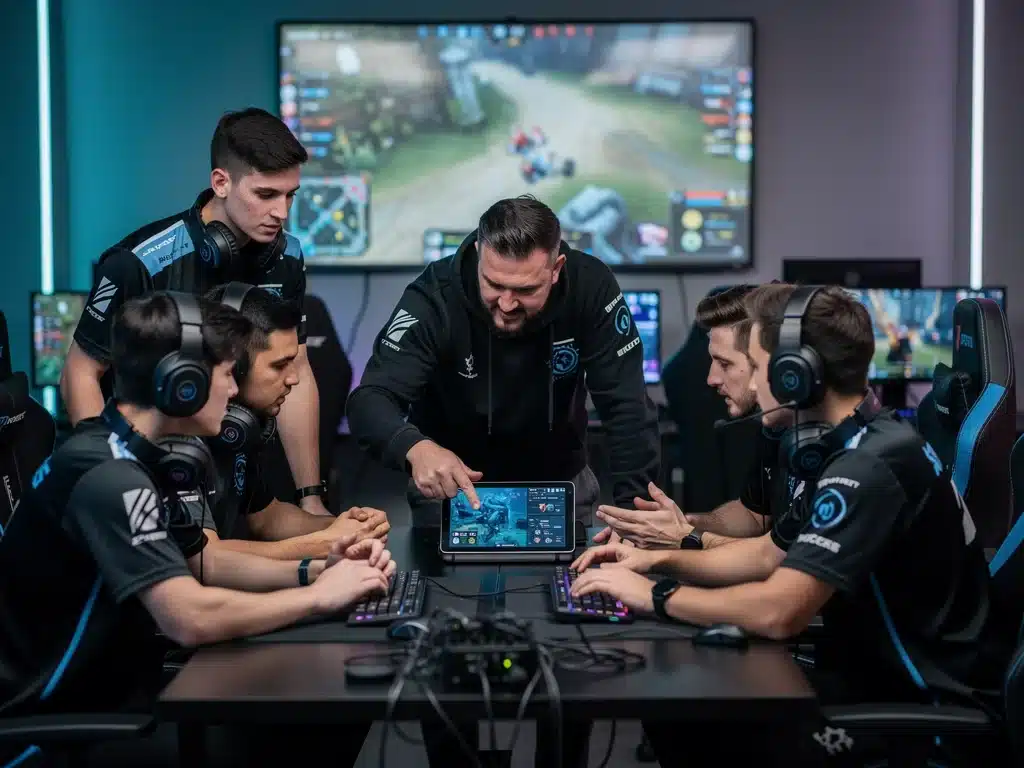 Allenatore e team eSports in riunione, discutono tattiche e rivedono il gameplay su un tablet, in un ambiente collaborativo e strategico.