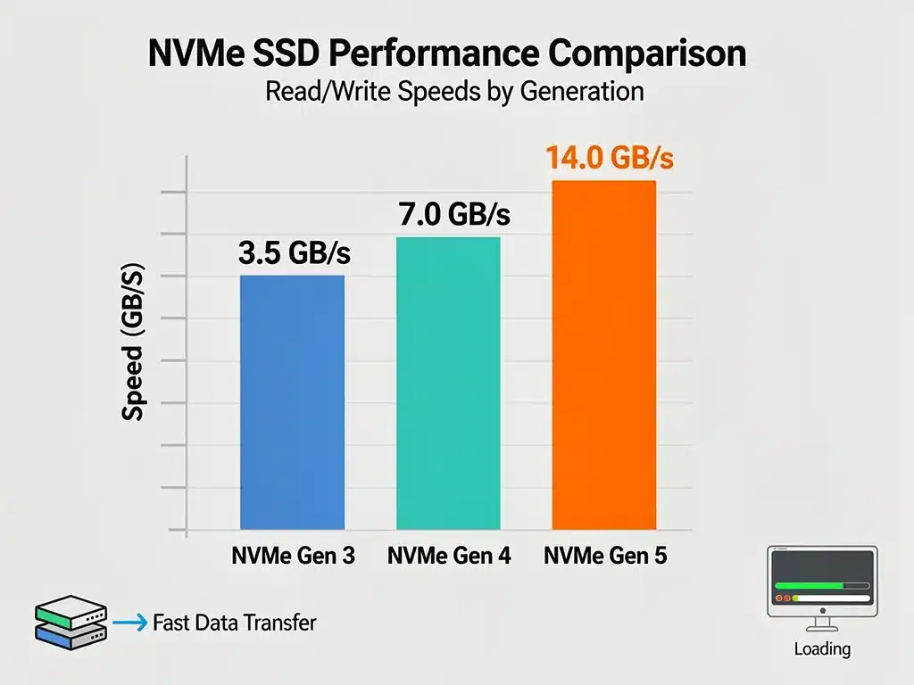 Infografica comparativa delle velocità di lettura/scrittura tra SSD NVMe Gen 3, Gen 4 e Gen 5, evidenziando il notevole miglioramento delle prestazioni del Gen 5.