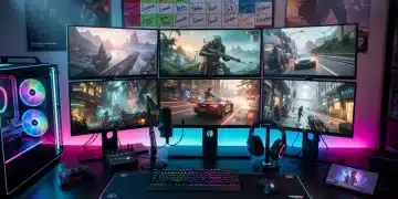 Configurazione PC gaming futuristica con schermi che mostrano prossimi rilasci di giochi 2026.