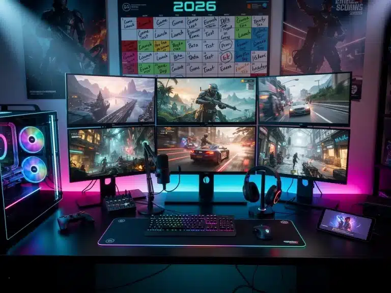 Configurazione PC gaming futuristica con schermi che mostrano prossimi rilasci di giochi 2026.