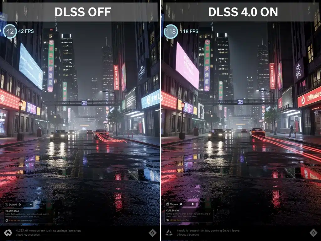 Screenshot comparativo di un gioco AAA: una metà senza DLSS e l'altra con DLSS 4.0 abilitato, mostrando miglioramenti visivi e di performance.