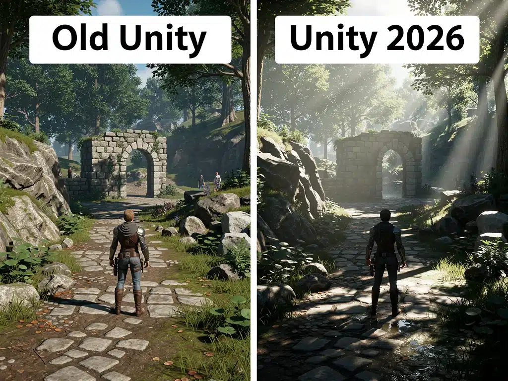 Confronto visivo tra due versioni di un gioco, una con Unity precedente e una con Unity 2026, evidenziando i miglioramenti grafici.