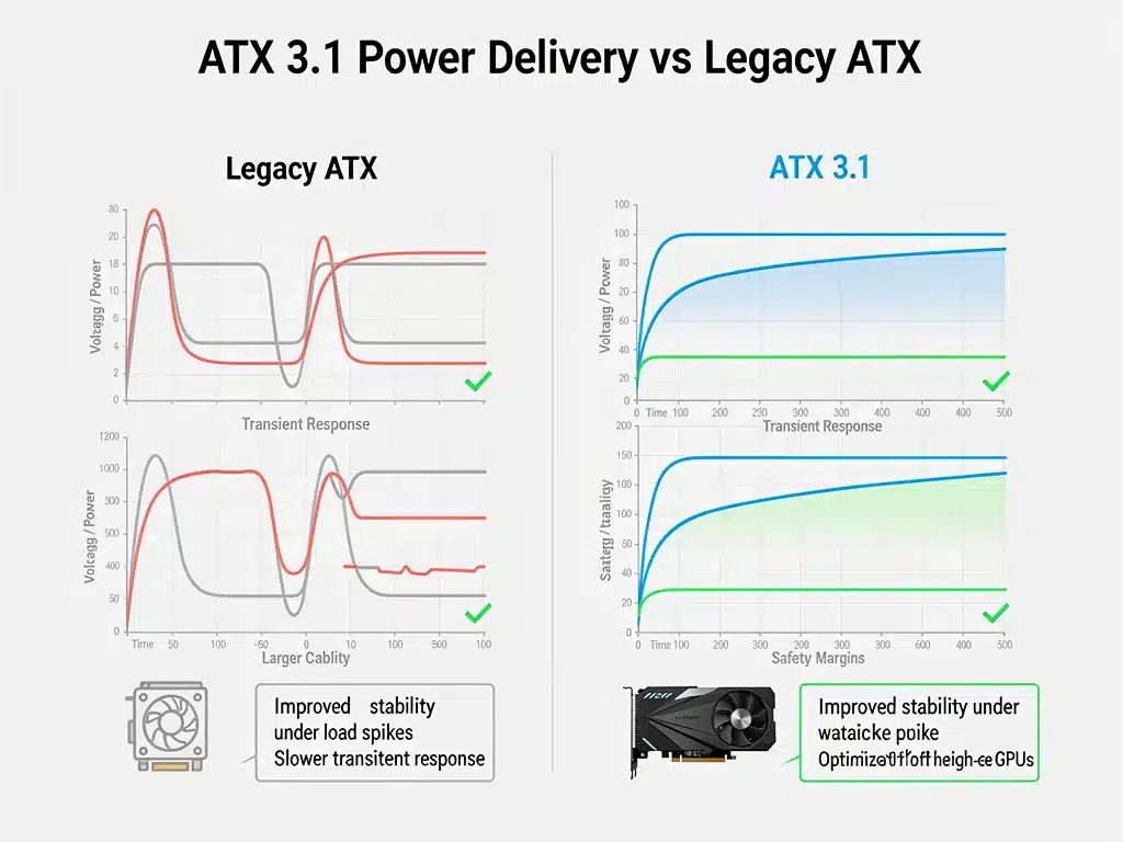 Confronto delle capacità di erogazione di potenza tra standard ATX 3.1 e precedenti.
