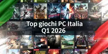 Copertina di giochi PC più venduti in Italia nel primo trimestre 2026, con elementi di design italiano.