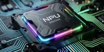 CPU futuristica con NPU integrata per gaming, illuminata da effetti AI, che simboleggia l'innovazione nell'hardware di gioco.